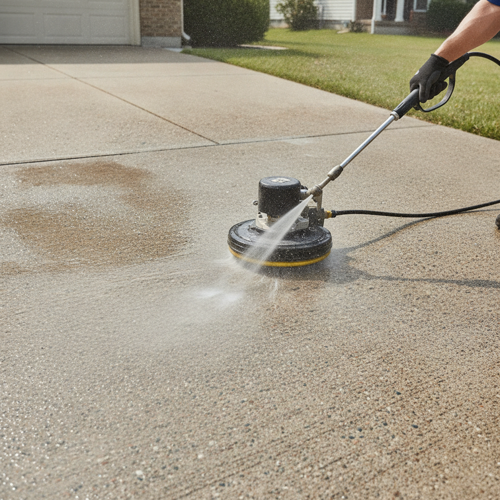 a technician doing Driveway Cleaning, focus on the hand doing Driveway Cleaning